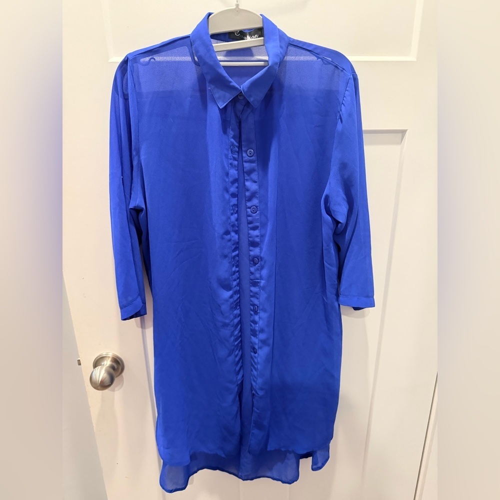 Creation Sheer Blue Button Front Tunic Blouse Longline Shirt 3/4 Sleeve medium - Picture 1 of 10